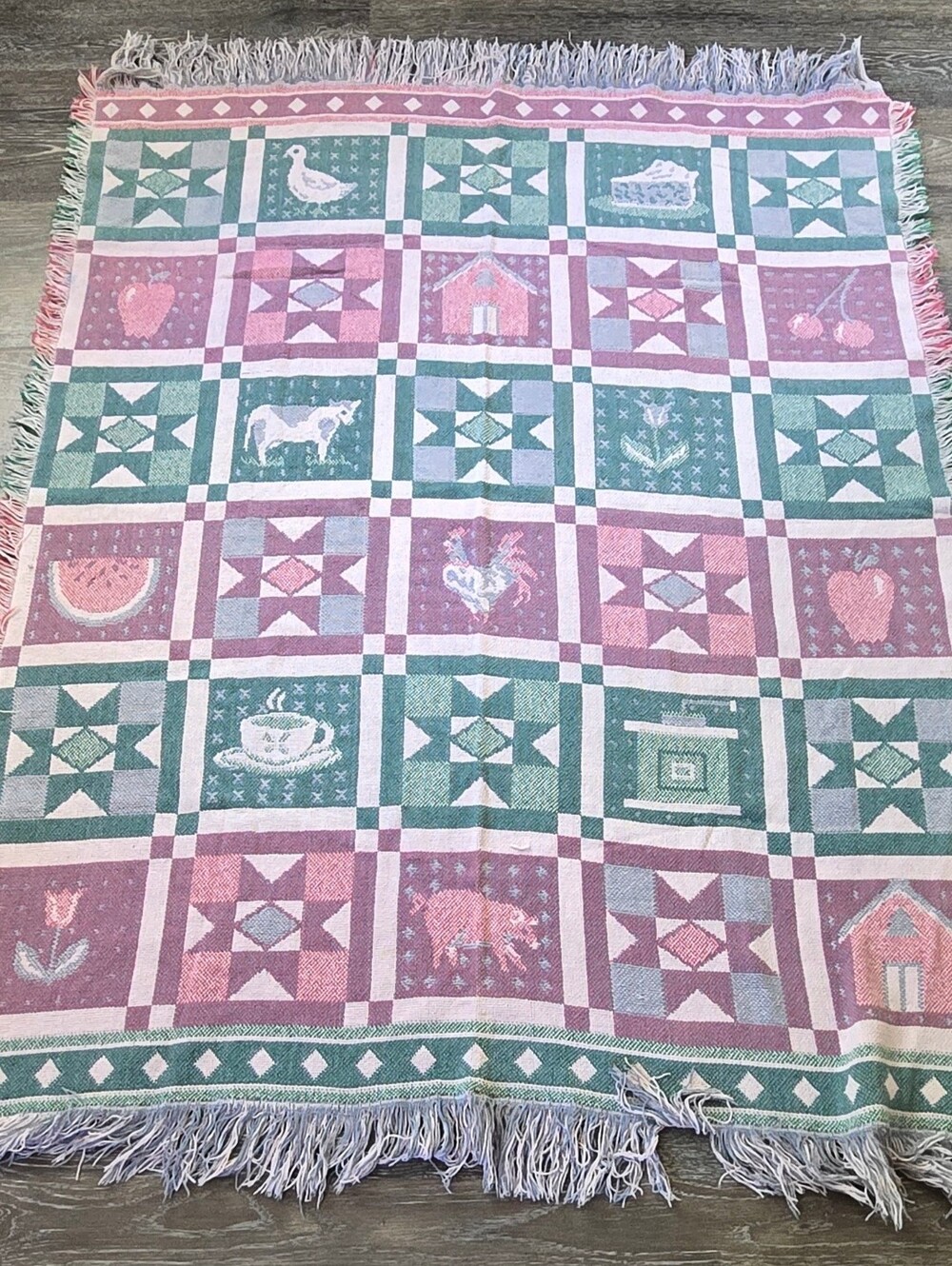 Vintage Country Sampler Woven Patchwork Fringe Throw Blanket Pink Green, Rooster